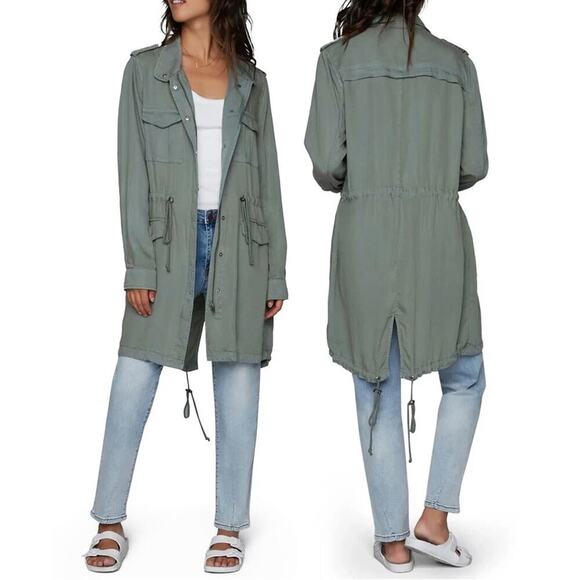 Wash Lab Army Jacket Military Green Road Trip Zip Front Split Hem Lyocell Medium - Picture 2 of 10